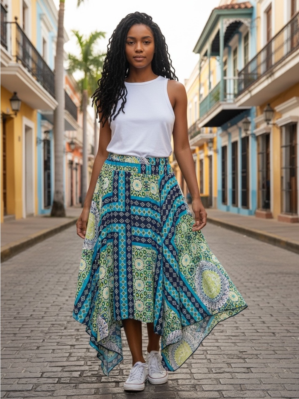 A. Byer Blue & Green Handkerchief Hem Midi Skirt